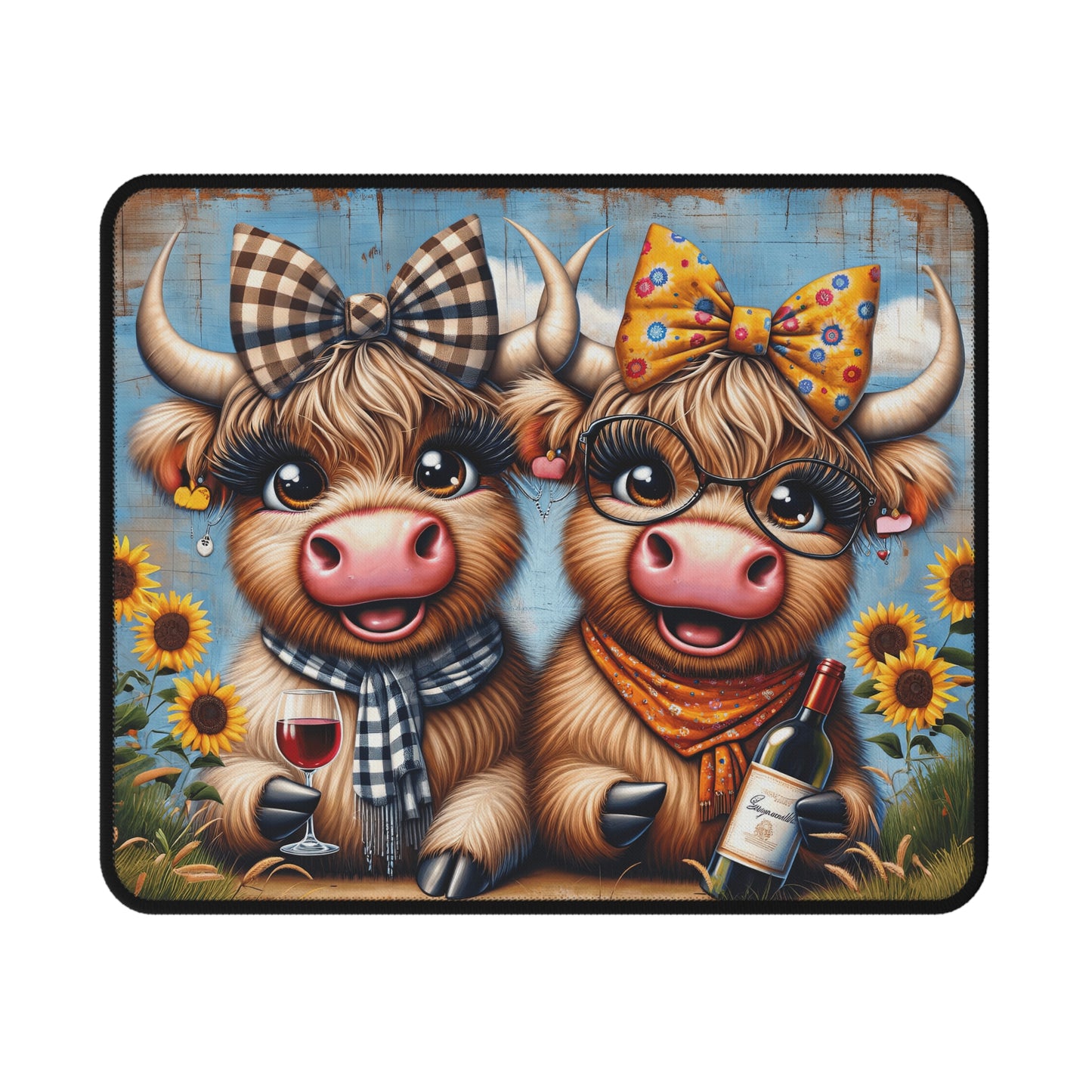 Mouse Pad: Funny Highland Cow with Wine Design